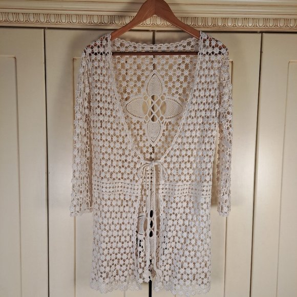 Women's Crochet Cardigan Cream Coverup Tunic Length Tie Front - Picture 1 of 10